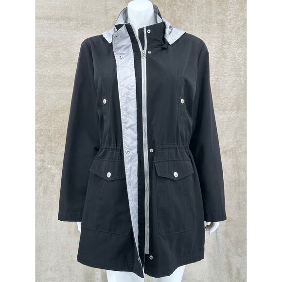 Nautica Jacket Womens XL Petite Black Hooded Zip Parka Rain Coat Travel Outdoors - Picture 1 of 13
